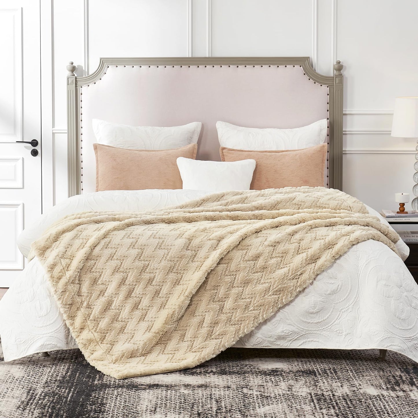Cozy Bliss Faux Fur Textured Throw Blanket for Bed Super Soft Fuzzy Couch Blanket Gift for Women Premium 3D Ribbed Jacquard All Season Use Khaki Beige Zigzag 60"*80"
