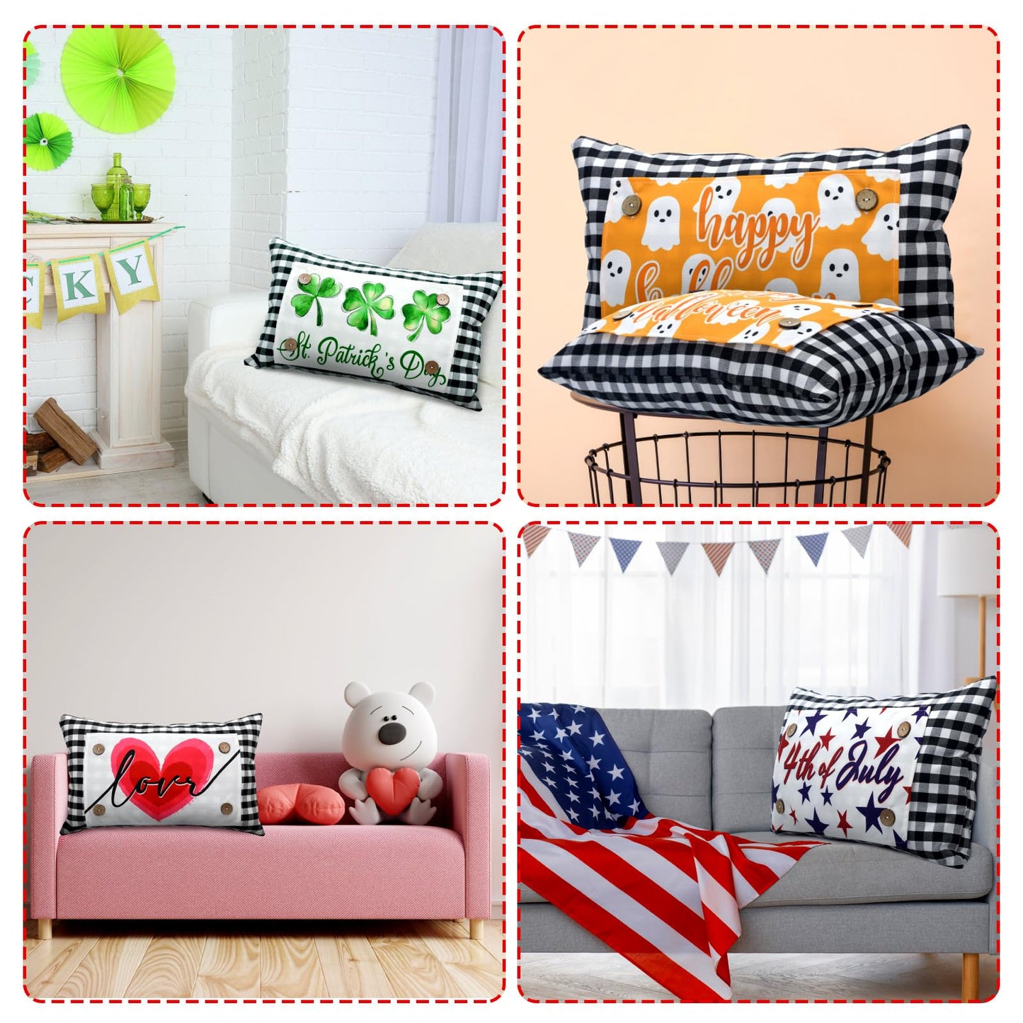 Hahafelt Seasonal Holiday Throw Pillow Cover with 12 Interchangeable Pillow Panels 250th Anniversary 4th of July Pillowcase Summer Rectangle Canva Lumbar for Home Decoration(Black and White Checkered)