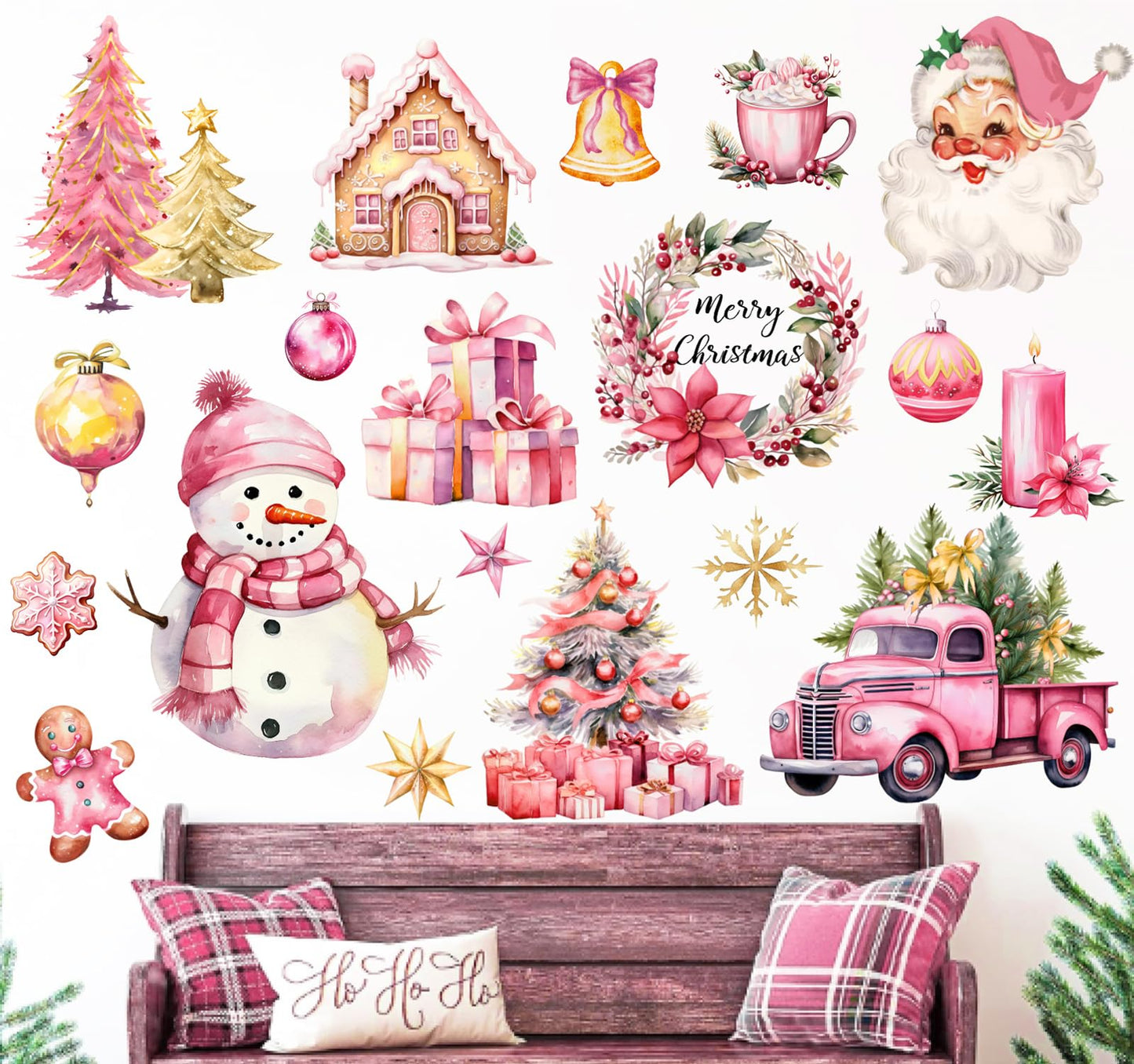 JarThenaAMCS Christmas Wall Stickers Xmas Tree Snowman Santa Wall Decals Large Pink Gold Room Mural Stickers for Winter Home Party Decor, 7.9 x 11.8 Inch, 9 Sheets