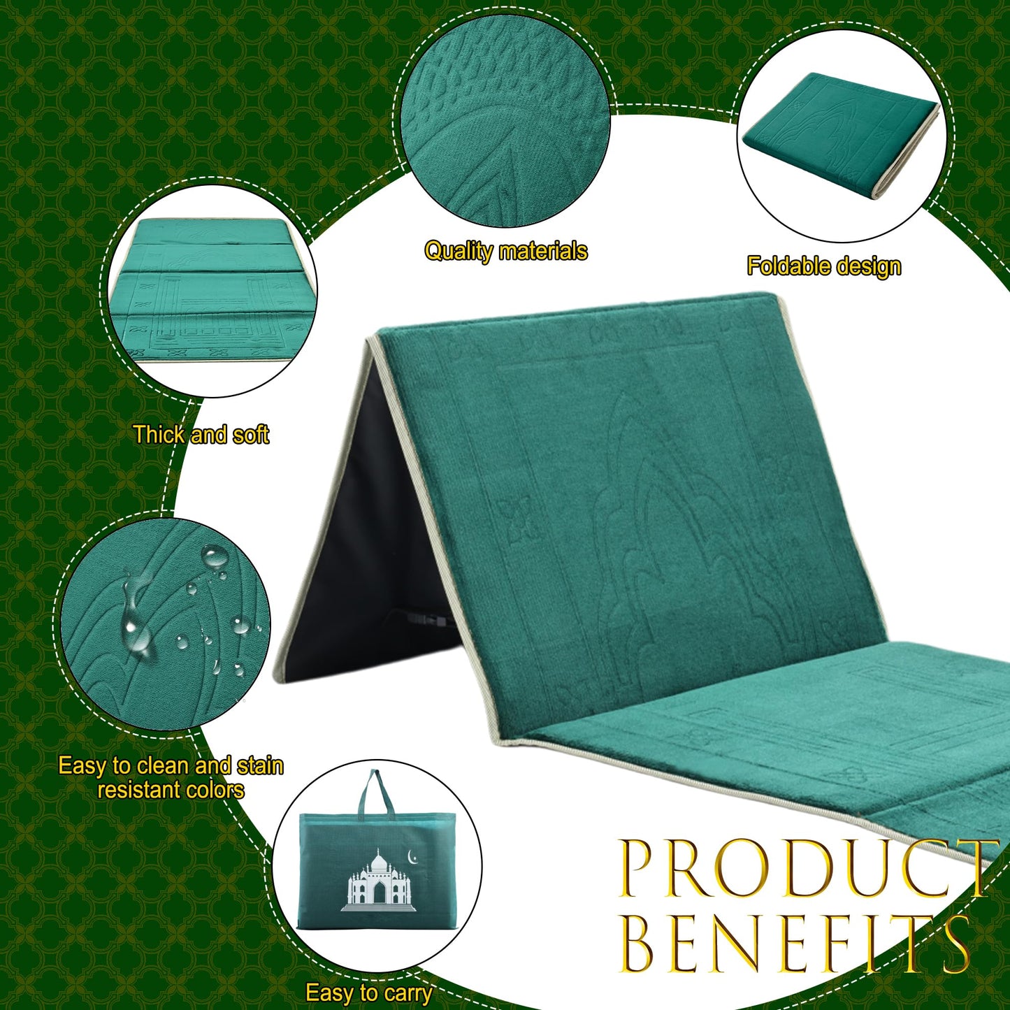 Foldable Muslim Prayer Mat with Back Rest Support, Thick Padded Islamic Prayer Rug, Travel Portable Carpet for Women Men, janamaz, Sajadah, Meditation Prayer Ramadan Eid Gift with Hat and 33 Beads