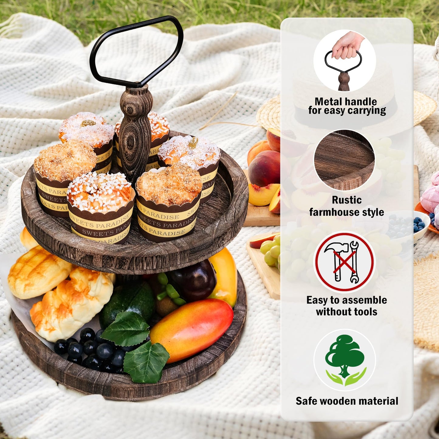 Mustry Rustic Wooden 2 Tiered Tray, Round Farmhouse Kitchen Table Decor Serving Tier Tray, Food Fruits Cupcake Display Coffee Bar Home Party Seasonal Decorations (Brown)