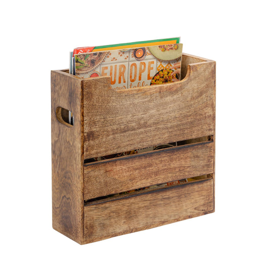 Mie Creations Wooden Magazine Holder Rack with Handle, Decorative Magazine Storage Basket for File, Folder, Books, Newspaper | Rustic Brown Magazine Bin Display Stand, Office Desk Organizer 10-inch