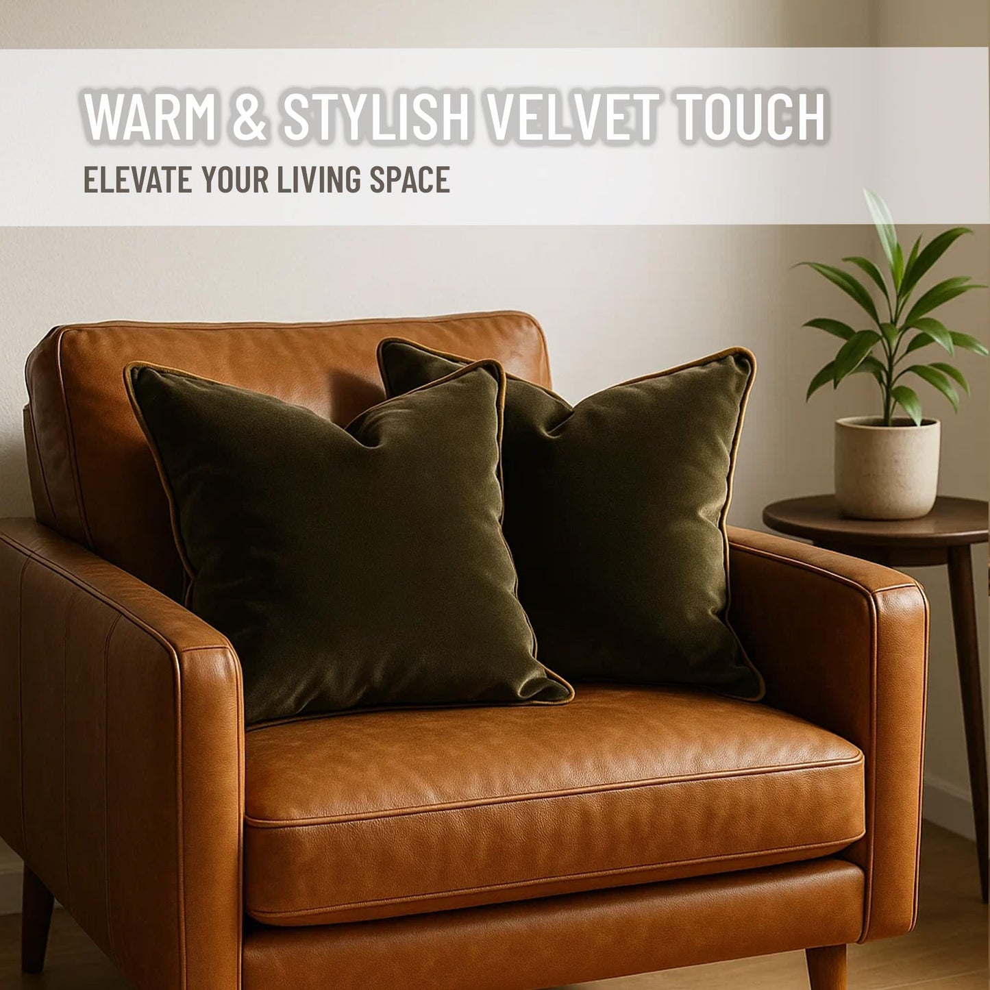 Blau Marité 2 Pack Velvet Decorative Throw Pillow Covers, 18"x18", Green and Camel, Solid, Modern, Contrast Piping, Indoor Use, Bedroom & Living Room