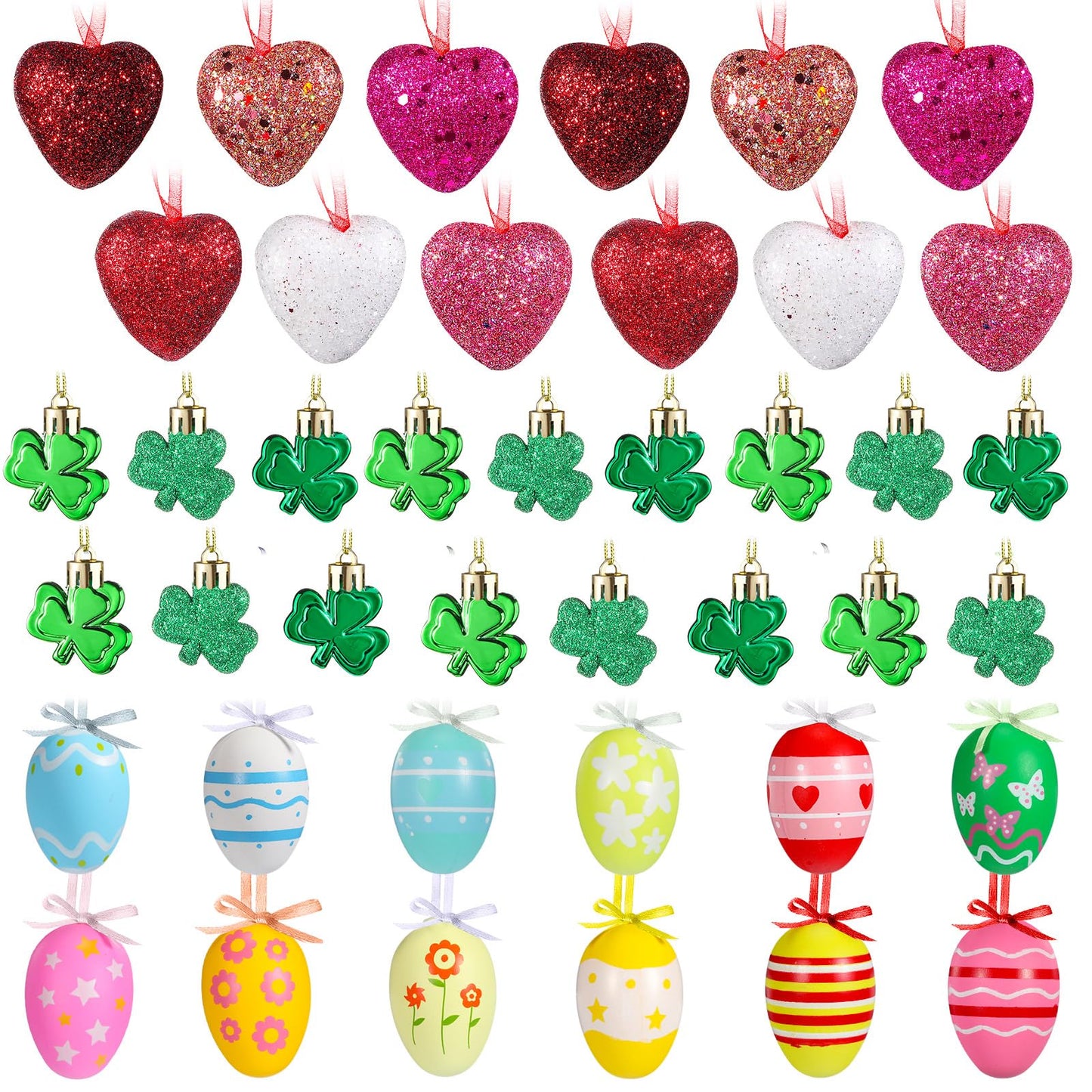 Jutom 54 Pcs Valentines Day Tree Decorations Heart Hanging Ornaments St. Patrick's Day Shamrock Easter Egg Tree Ornaments Heart Shaped Clover Baubles for Holiday Party (Classic Style)