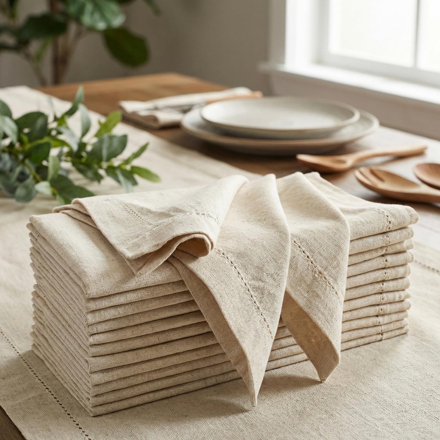 Flax Hemstitchend Cloth Dinner Napkin Set of 12 Natural 20x20 Inches, Premium Cotton Linen Dinning Table Napkins Ideal for Guest, Spring, Cocltail | Soft Neutral Event Napkin for Easter Basket Decor