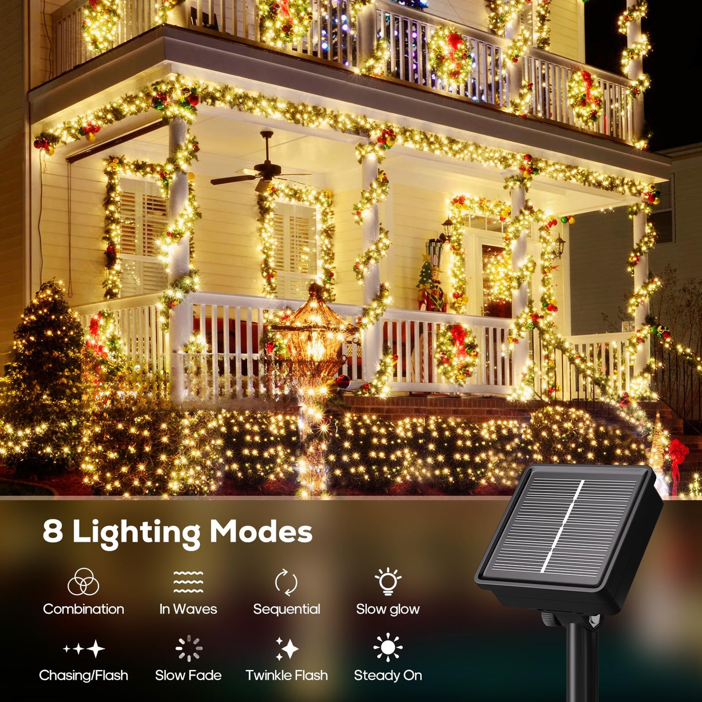 Soiarllt 2 Pack Solar String Lights Outdoor - Total 92FT 240 LED Solar Christmas Lights Outdoor Waterproof with 8 Lighting Modes for Xmas Tree Garden Party Decorations(Warm White)