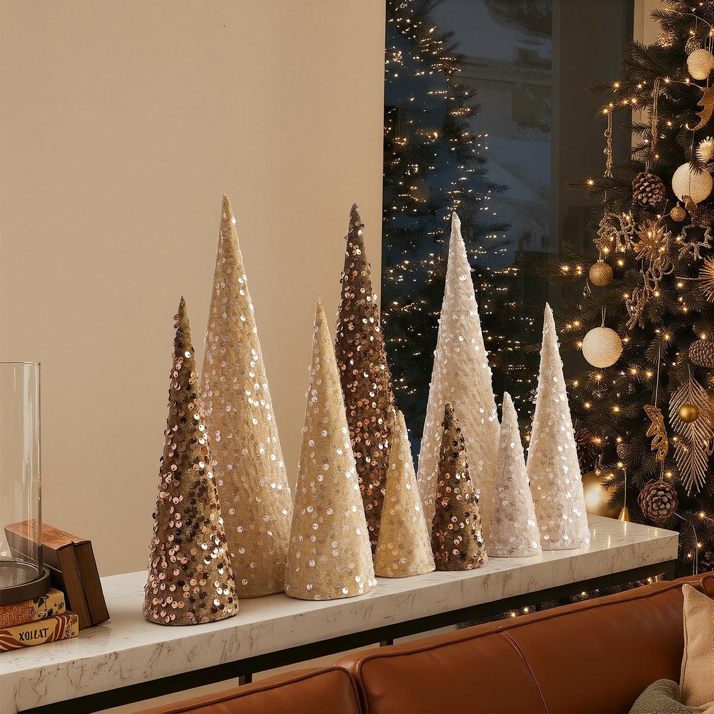Bunny Chorus Christmas Table Décor: 9pcs Neutral Cone Christmas Trees with Earth Tones Glitter Sequins Surface, Modern Christmas Decorations for Xmas New Year Soft Cozy Winter Holiday Home Décor