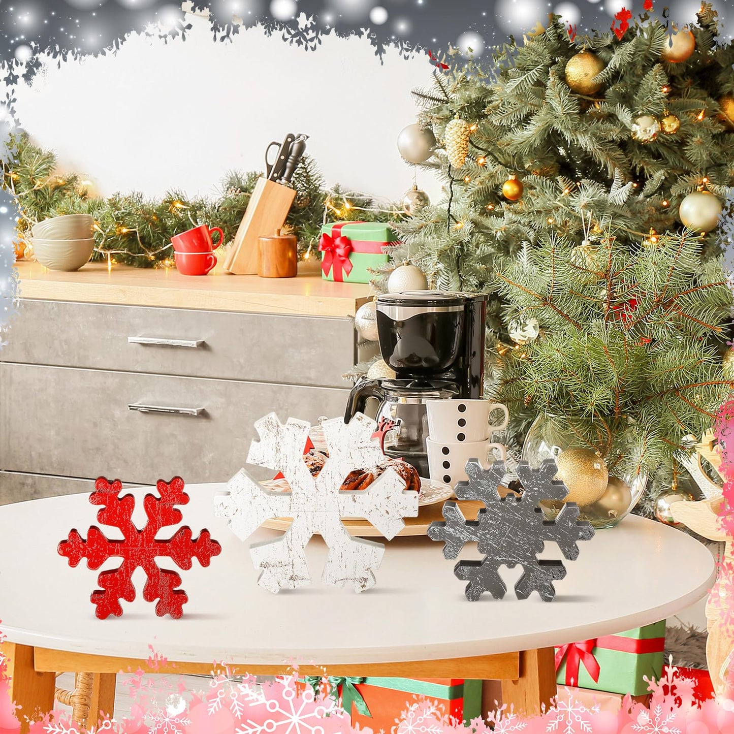 Bucherry 3 Pcs Winter Wooden Snowflake Decor Rustic Winter Snowflake Table Signs Wonderland Wood Blocks Farmhouse Christmas Tiered Tray Decorations for Xmas Table Shelf(Gray, Red, White)