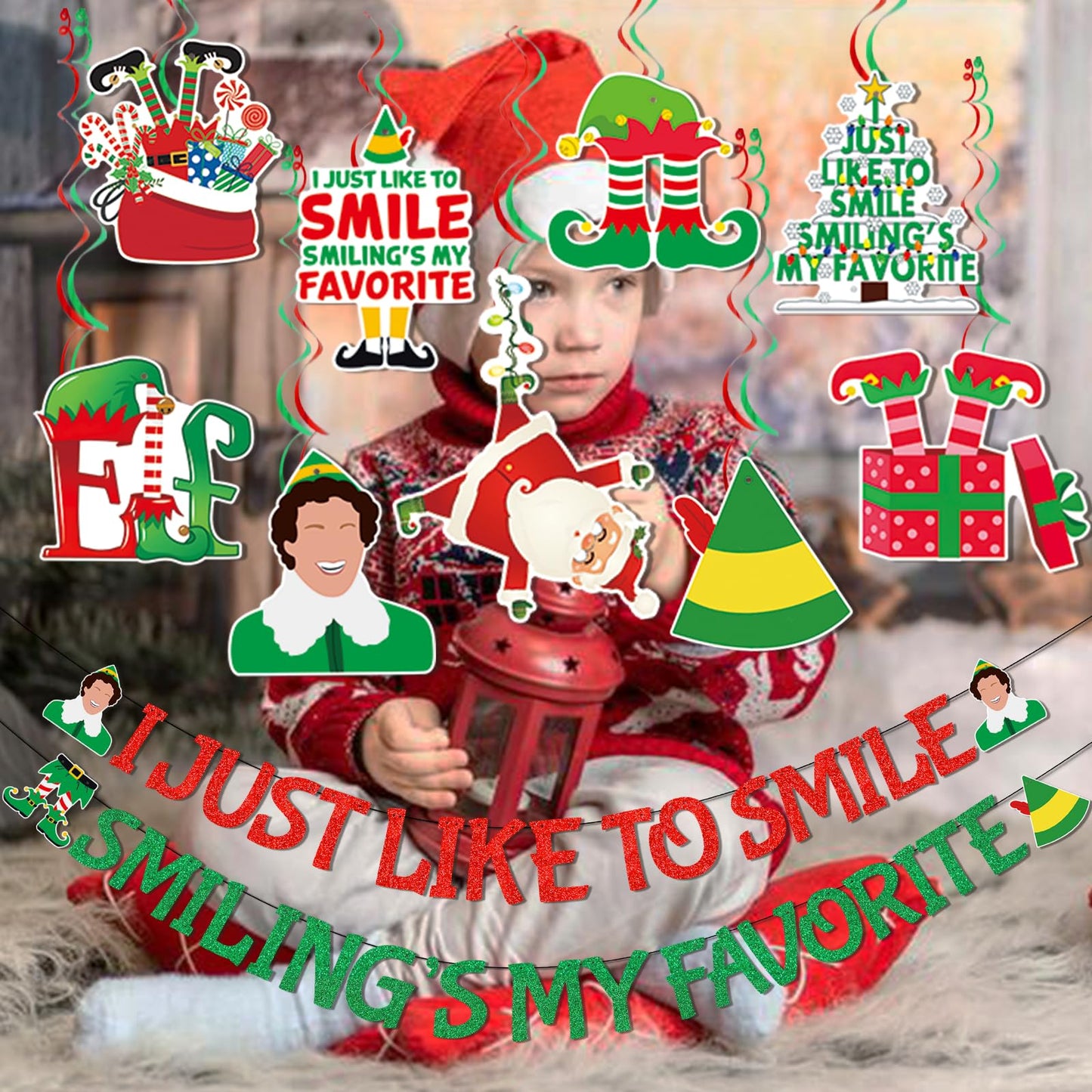 The Elf Christmas Banner Decorations Christmas Elf Decorations I Just Like To Smile Smiling's My Favorite Banner for Xmas Party Decorations Friendsmas Party Decorations