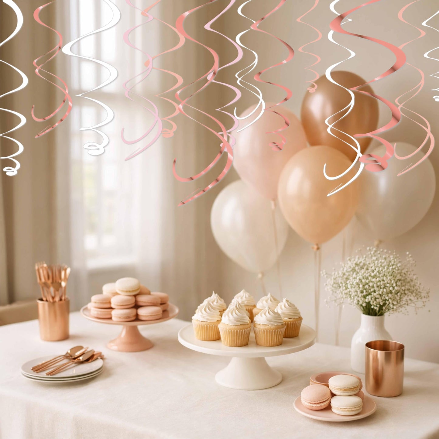 HonuGoGo Pink Hanging Swirl Decorations for Party – 42PCS Rose Gold Foil Ceiling Streamers with Hooks for Birthday, Bridal Shower, Bachelorette, Holiday Celebrations