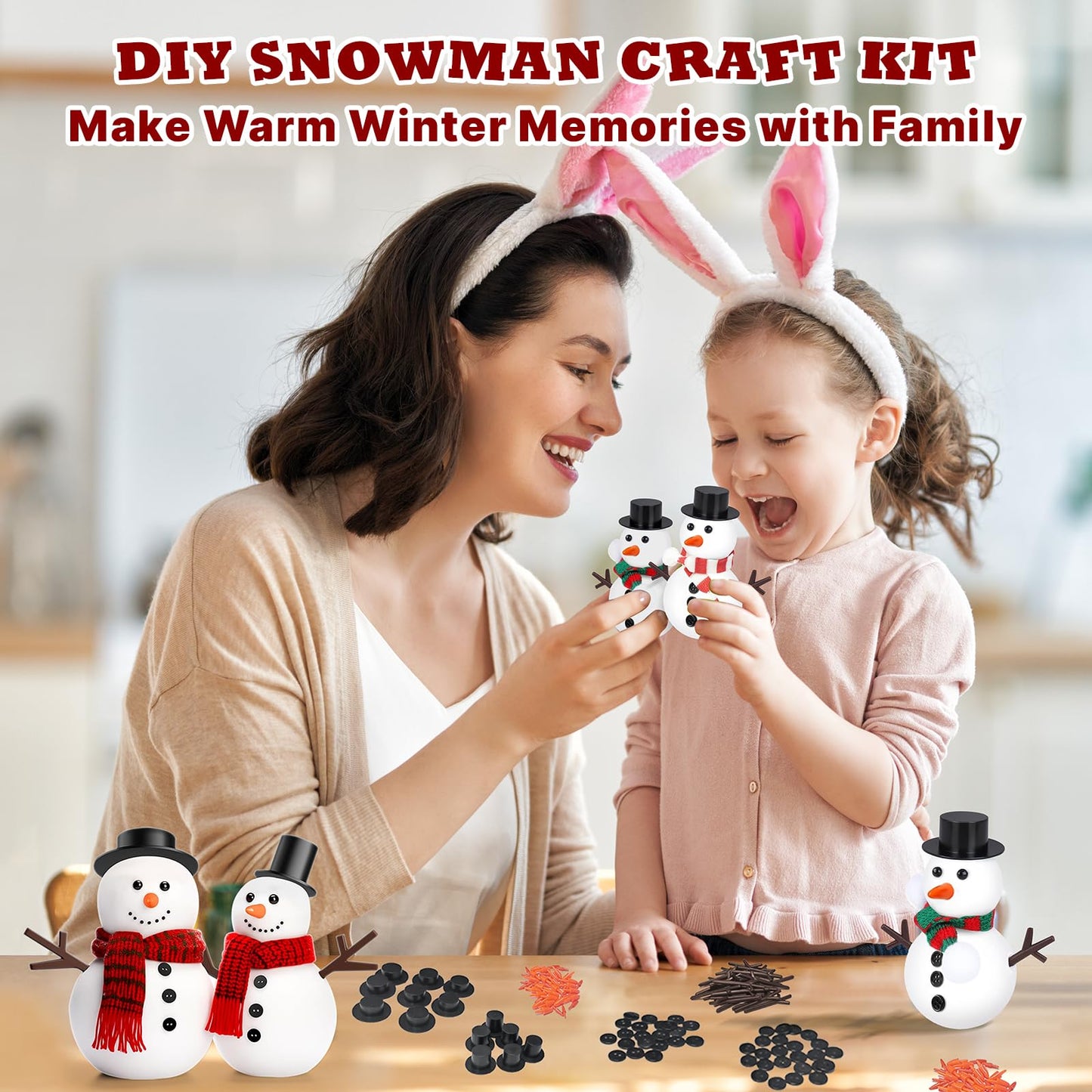 Outivity 300 Pcs Snowman Crafts DIY Kits for Winter Kids, Classroom & Group Craft Supplies, Includes 30 Mini Black Top Hats, 180 Snowman Craft Buttons, 30 Carrot Noses and 60 Hands
