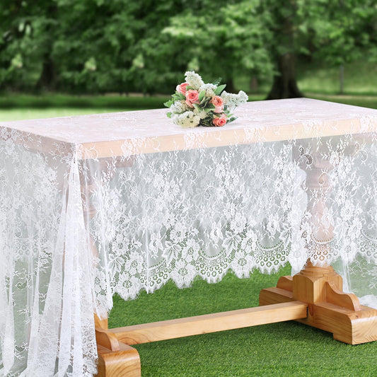B-COOL White Lace Tablecloth 60 X120 Inches Rectangle Vintage Embroidered Bridal Wedding Tablecloths Sheer Overlay for Rustic Outdoor Party Reception Home Decor