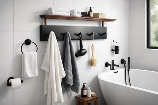 Matías Coat Rack Wall Mount with Shelf, 18 Inch Solid Wood Peg Rail, Wall Mounted Coat Rack with 5 Hooks, Wall Mount Shelf for Entryway, Bathroom or Bedroom (Black and Natural Wood)