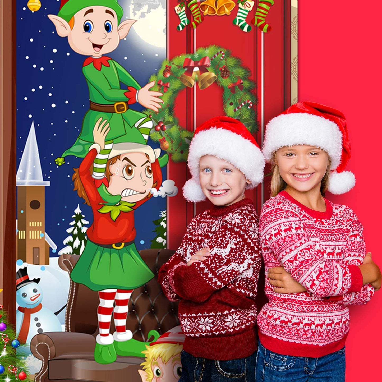 Funny Elves Fabric Door Backdrop - Santa Christmas Photo Booth Backdrop Banner and Door Cover - 70.9 x 35.4 Inch