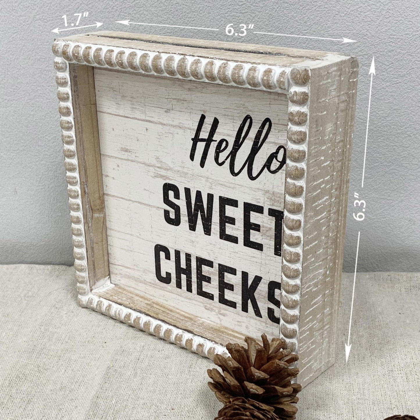 Boho Farmhouse Wooden Framed Bathroom Decor Signs, Funny Restroom Decorative Plaque Small Cute, Toilet Rules Shelf Decoration (Hello Sweet Cheeks)