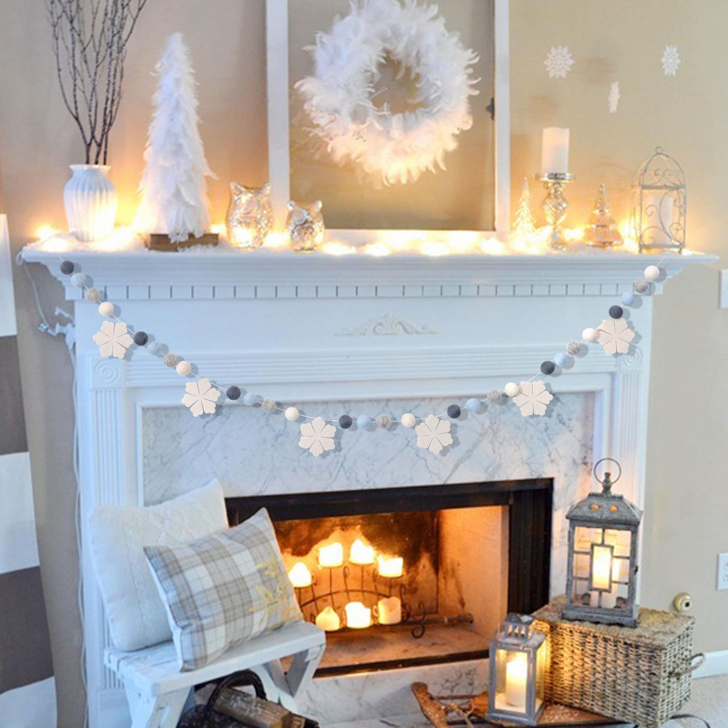 Felt Snowflake Garland - Snowflake Felt Ball Garland, Winter Wall Decor, Christmas Garland, Winter Wonderland Banner