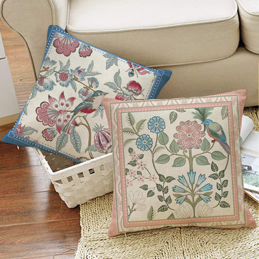 Fjfz Vintage Flower Birds Decorative Throw Pillow Covers 16 x 16 Set of 4, Pink Blue Elegant Floral Bluebird Hummingbird Porch Outdoor Home Decor, Farmhouse Wildflower Couch Cushion Case