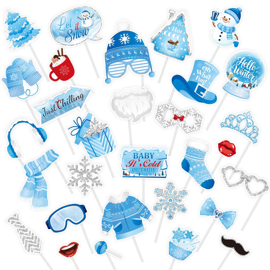 KALEFO 30Pcs Hello Winter Photo Booth Props Winter Wonderland Party Decorations Snowflake Photo Booth Props Kit Wedding Holiday Birthday Skiing New Year Party Supplies