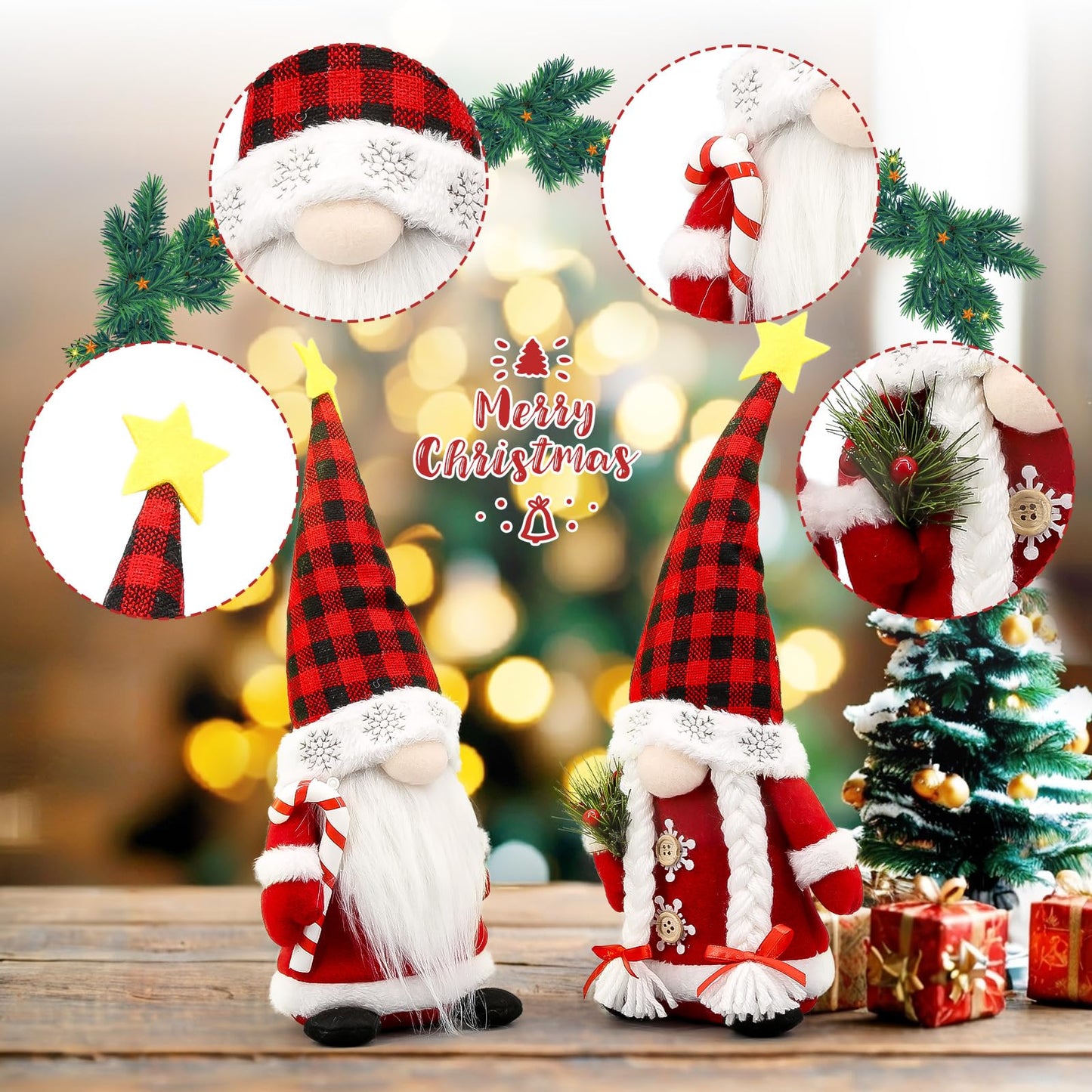 Lovinland Christmas Gnomes Plush Couple with Red Buffalo Check - Xmas Gnomes Elf Tomte Ornaments Doll - Christmas Decorations - Xmas Decorations for Home, Indoor, Office