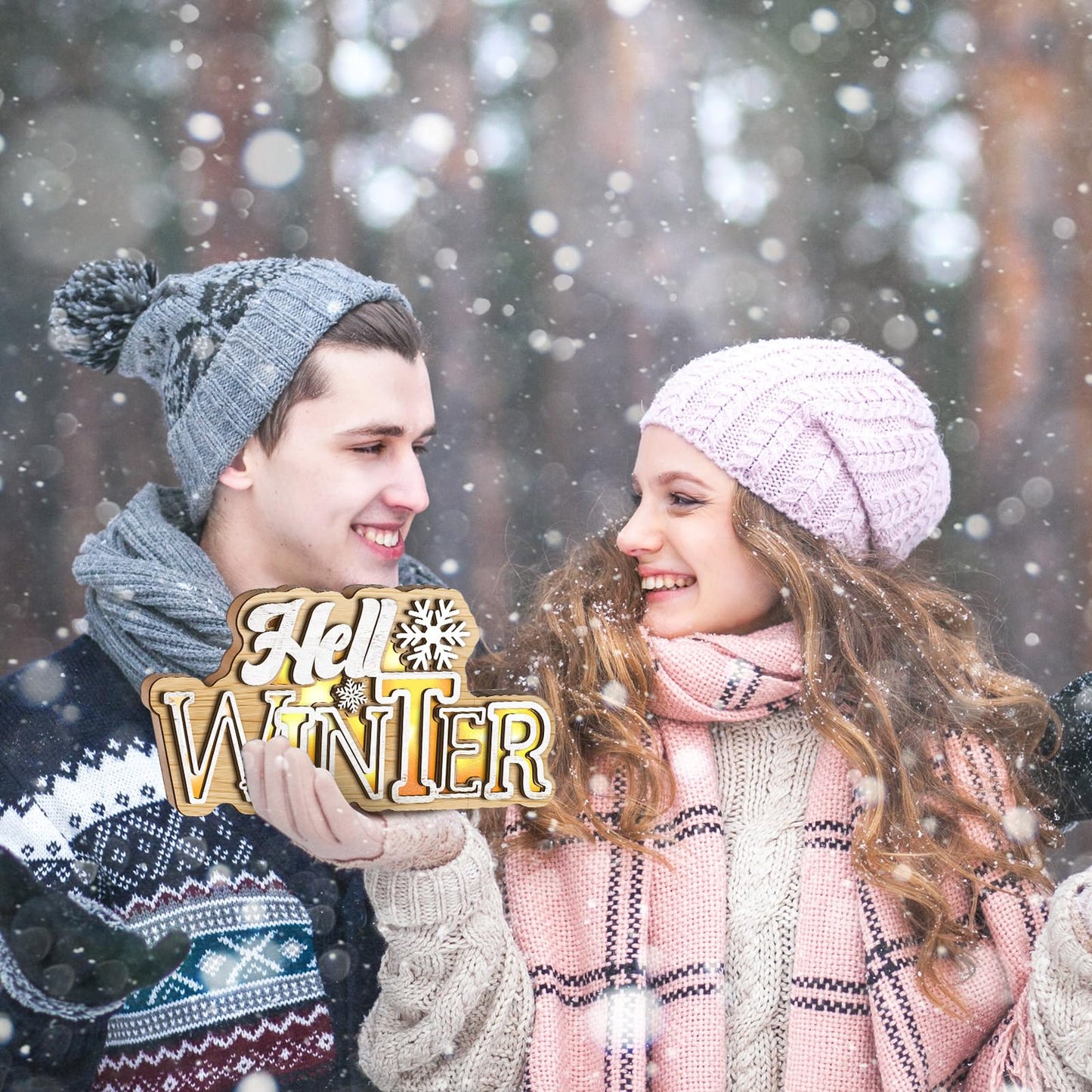Glooglitter Hello Winter Snowflake Wooden Tabletop Decoration Winter Sign LED Snowflake Centerpiece Wood Plaque Freestanding Wood Sign for Xmas Table Party 13.8 x 3.5 Inch