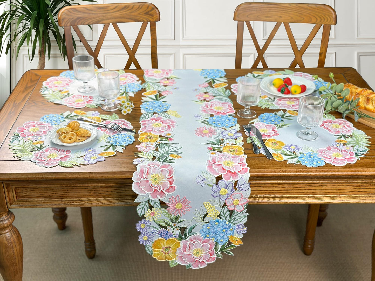 KEVA Floral Spring Table Runner 13x72inch, Flower Cutwork Embroidered Table Runner & PLACEMAT, Easter Seasonal Spring Table Decorations for Kitchen Dining Table (13x72')