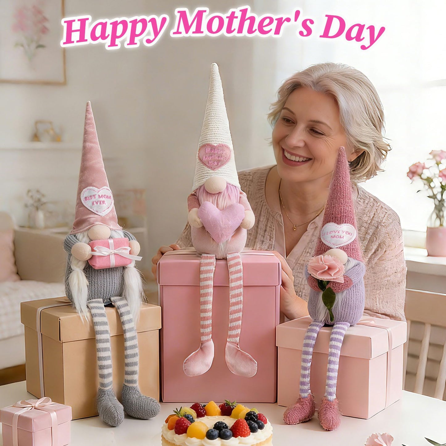 unanscre Mothers Day Gnomes Plush Decorations - 3PCS Long Dangle Leg Spring Gnomes Best Ever Gifts for Women Mom Mama Mommy, Handmade Dolls for Mother‘s Day Home Table Ornament, Tiered Tray Decor