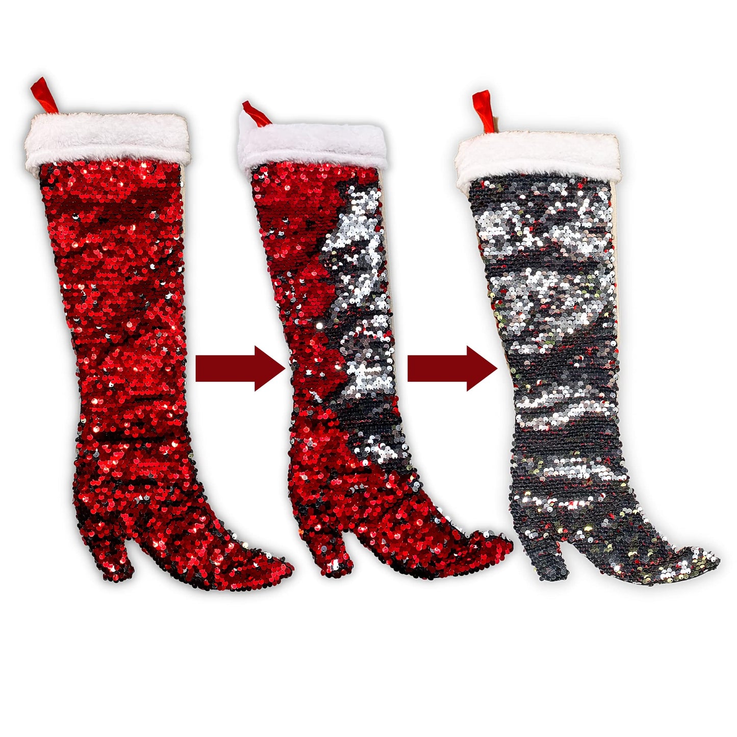 Needzo Women's High Heel Boot Shaped Reversible Sequin Christmas Stocking, Red and Silver Flip Sequins Hanging Fireplace Decoration, 16 Inches