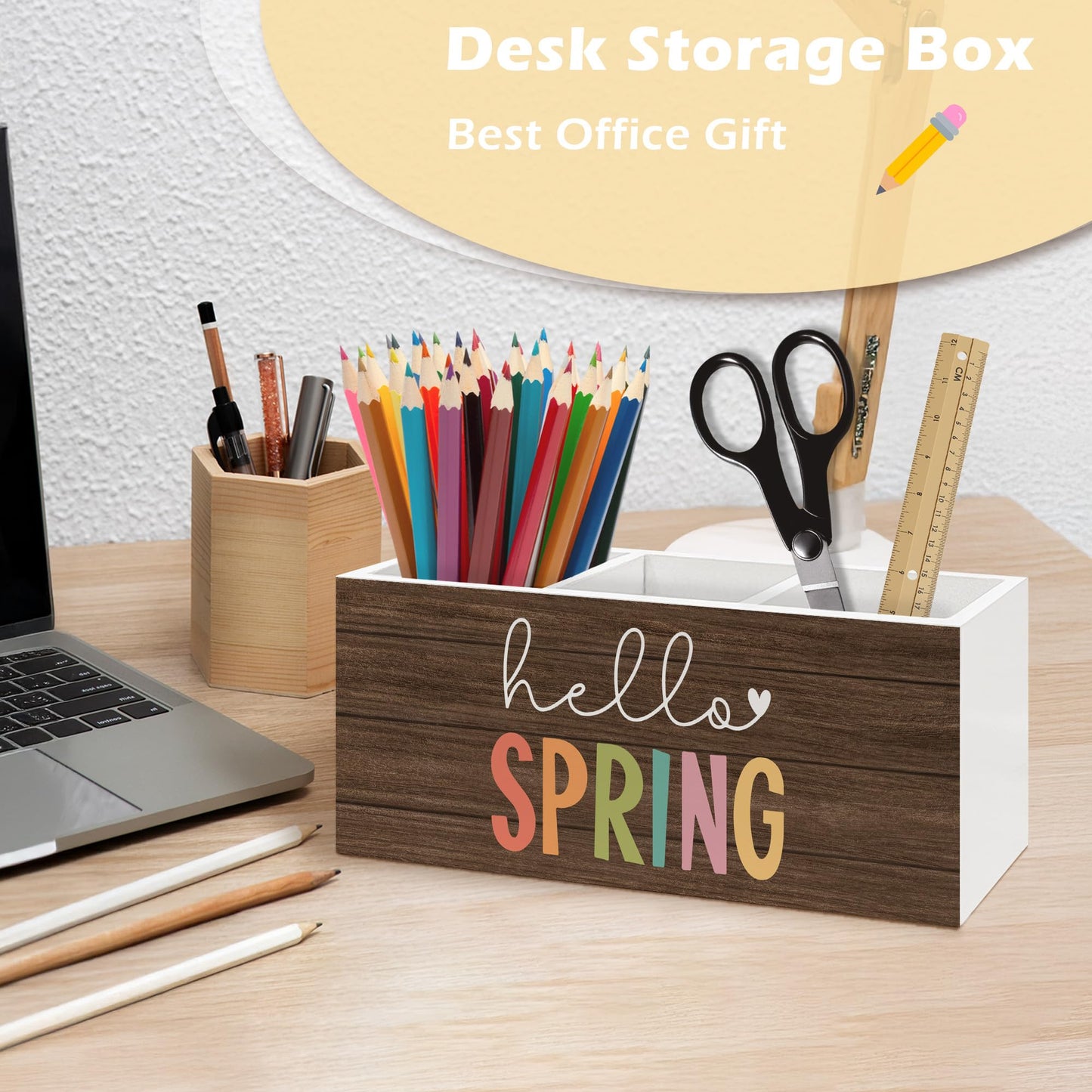 ANIANG Hello Spring Decor Pen Holder Organizer, Spring Seasonal Desk Decor, Rustic Farmhouse Wooden Pen Pencil Holders for Home Room Office Garden Desk Accessories