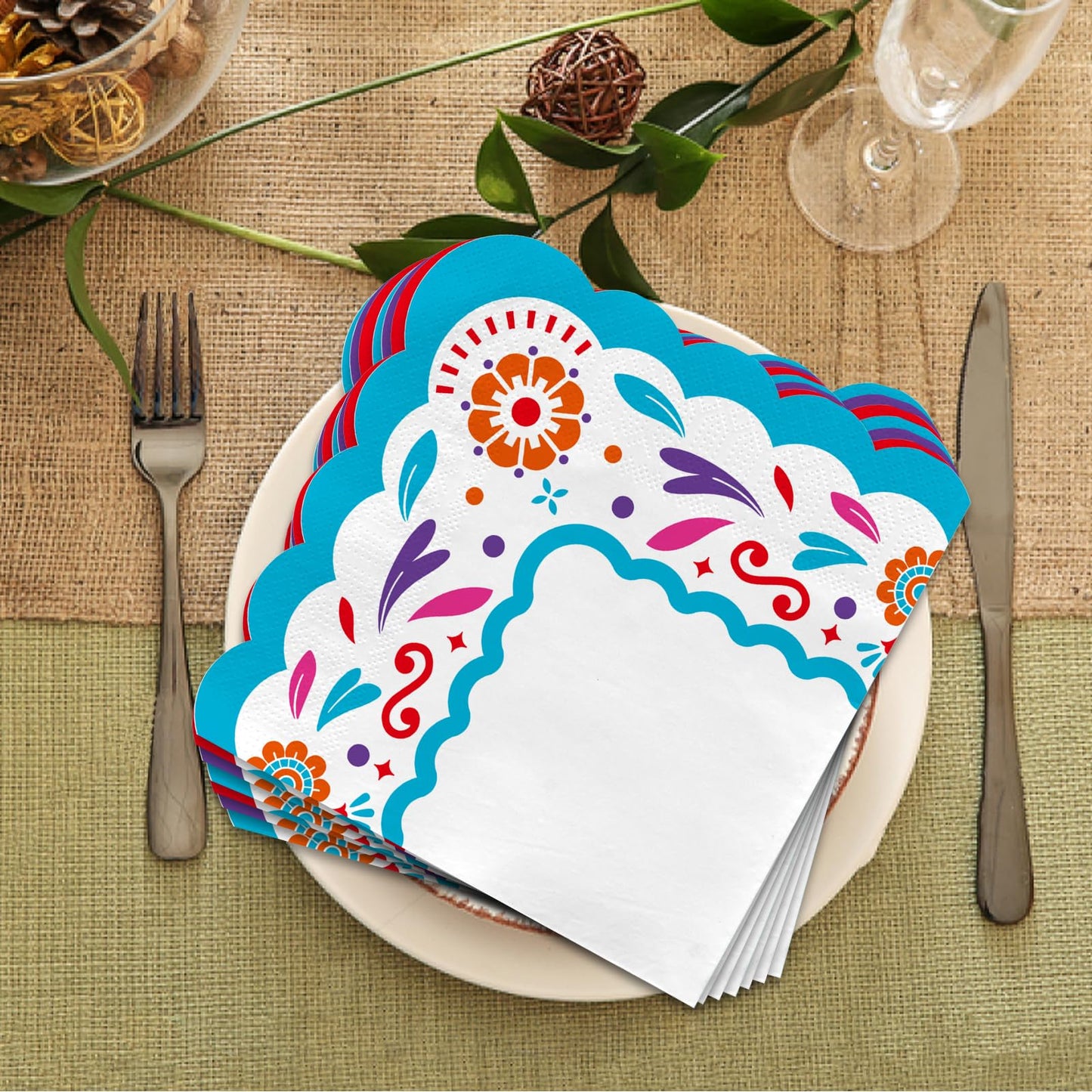 Fiesta Mexican Party Supplies - 48-Pack 3-Ply Disposable Paper Napkins, Cinco de Mayo Decorations, Taco Parties & Beverage Use, Vibrant Colors, 6.5x6.5 in