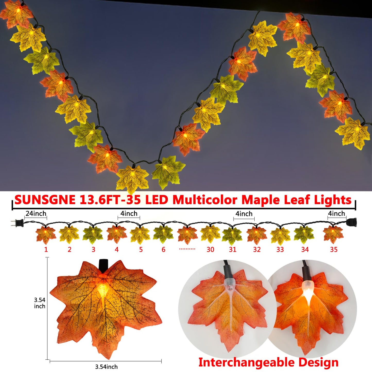 SUNSGNE 13.6FT Fall Lights Thanksgiving String Lights, 35LED Orange Yellow Green Maple Leaf String Lights for Thanksgiving Autumn Halloween Party Indoor Bedroom Home Decor