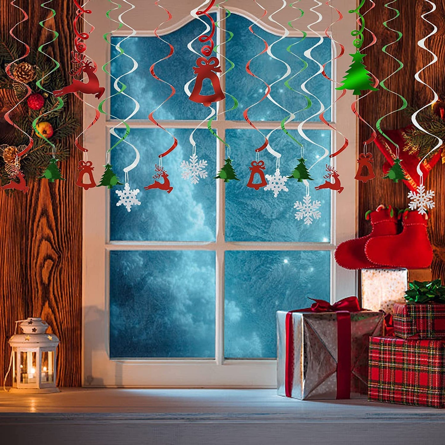 Christmas Party Decorations Foil Hanging Ceiling Swirls (30Pcs Fully-Assembled) Reindeer Bell Christmas Tree Snowflake Swirls for Porch Home House Bar, Christmas Holiday Supplies Decorations