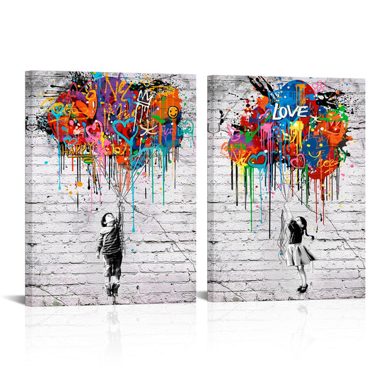 DuoBaorom Colorful Graffiti Wall Art Set of 2 Banksy Hydrogen Balloon Canvas Print for Boy Girl Bedroom Decor 12"x16"