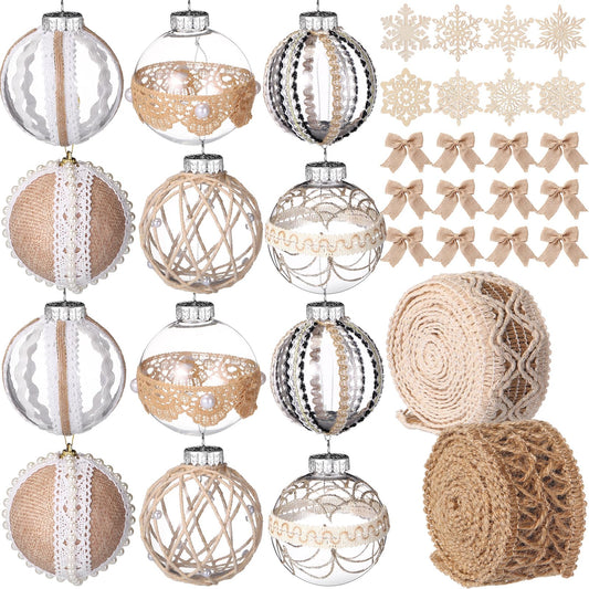 Aoriher 36 Pcs Farmhouse Christmas Ornaments Set Rustic Christmas Tree Decorations Burlap Xmas Ball Ornaments Hanging Xmas Tree Decorations for Rustic Country Party Holiday Decor