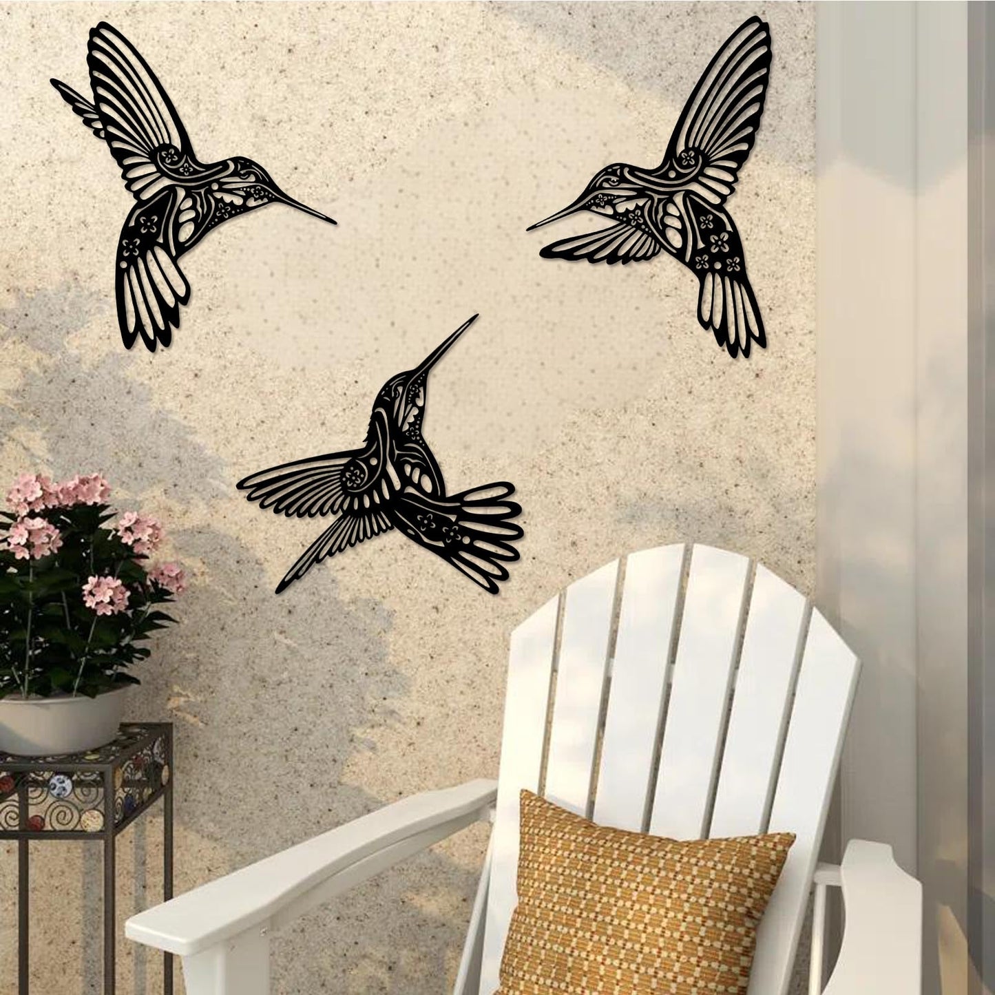QZGXDECO Set of 3 Metal Hummingbird Wall Decor, 3D Iron Bird Wall Art for Outdoor Garden Fence, Patio & Yard Decorations, Large Hanging Sculptures for Living Room & Home, Gifts for Bird Lovers