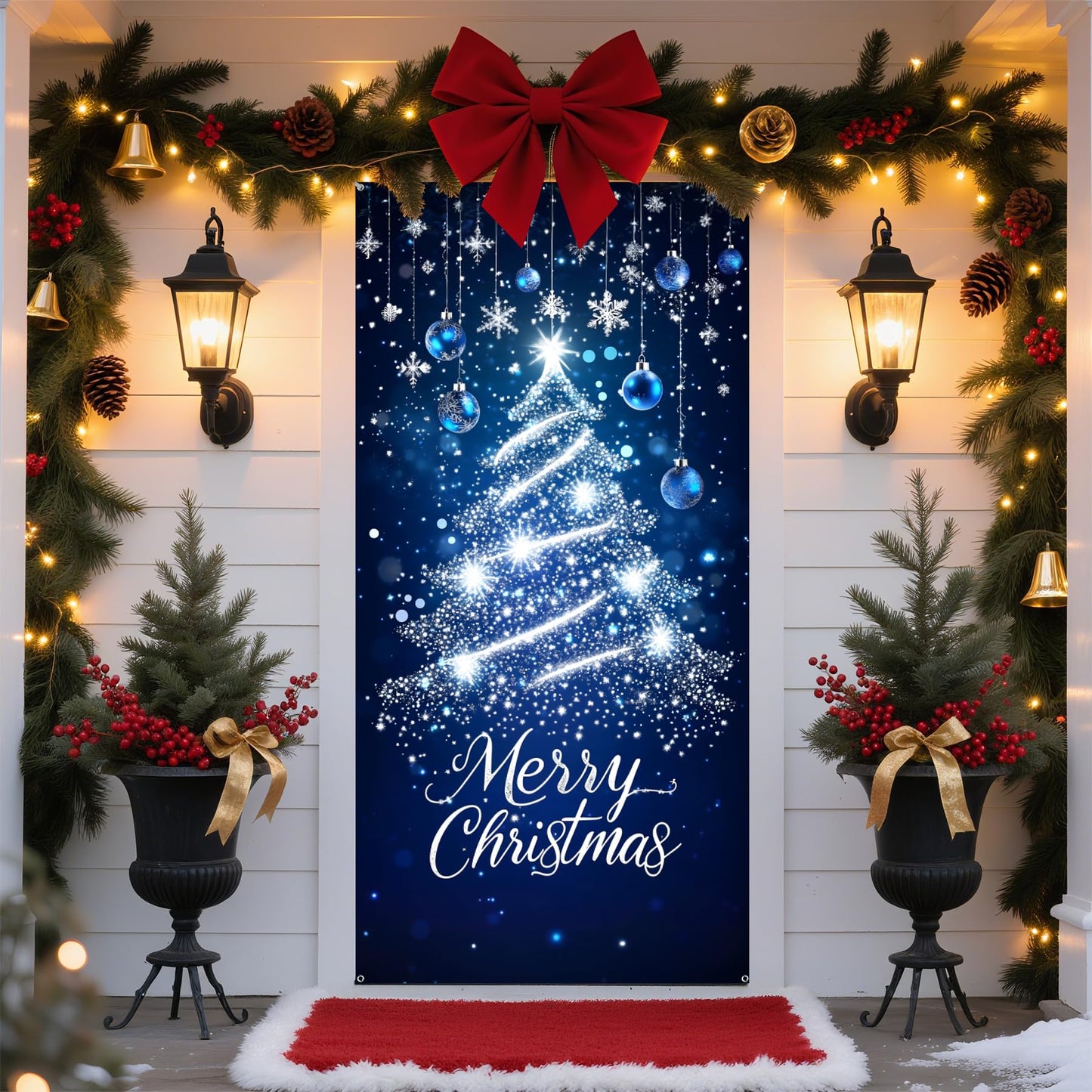 Christmas Door Cover Xmas Banner, 70.8 x 35.4 inch Hanging Front Door Cover Christmas Decor Backdrop Santa Background for Home Winter Holiday, Blue Christmas tree