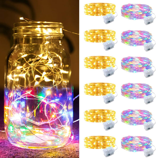ZGWJ 12 Pack Battery Powered Fairy Lights, Mixed Colors 7Ft 20 Mini LED Silver Wires, 3 Modes for DIY, Party, Wedding, Bedroom, Halloween Christmas Decoration (Warm Colorful)