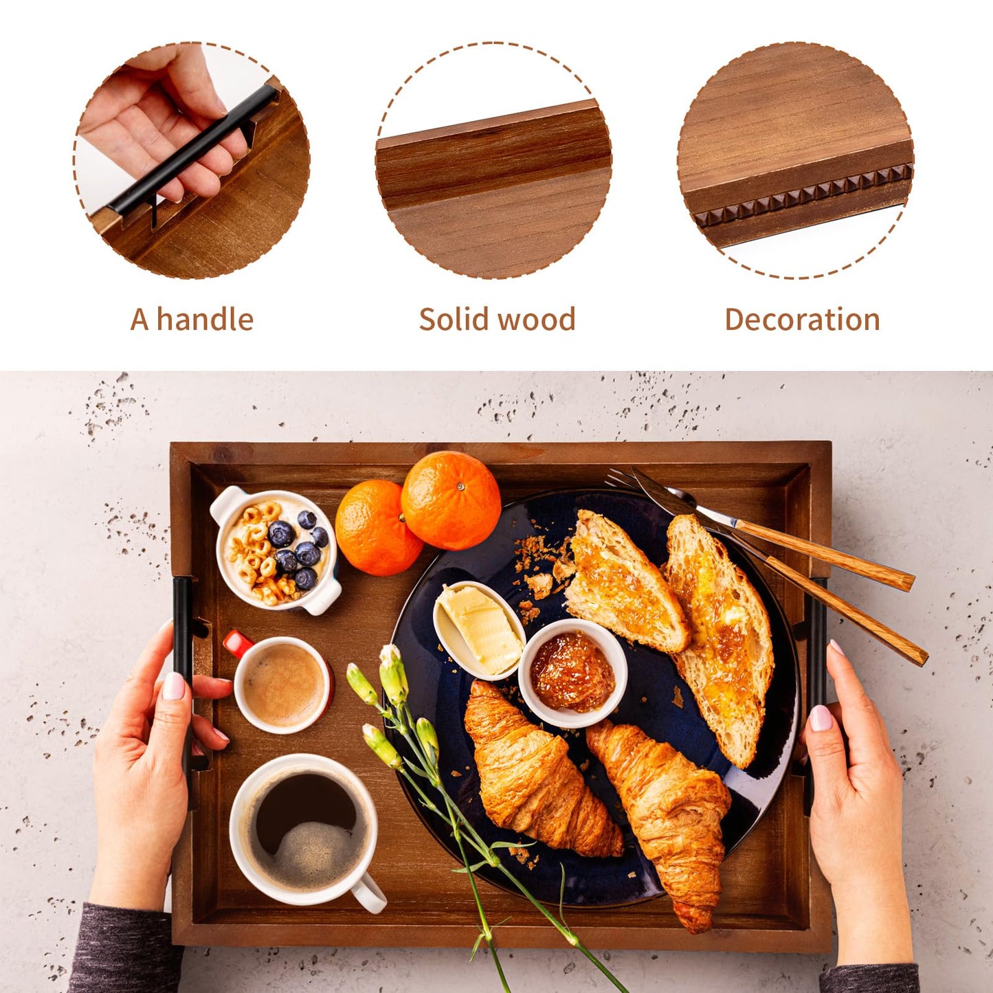 Rustic Wood Serving Tray with Handle Brown Rectangular Decorative Trays Farmhouse Charcuterie Boards Platter for Food, Fruit, and Coffee Great for Bed, Living, Coffee Table, Kitchen and Party