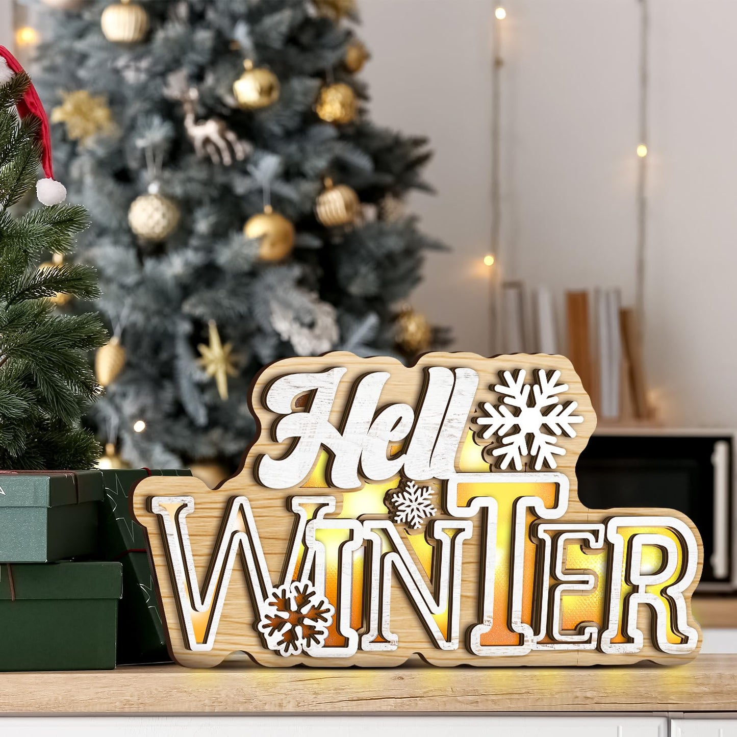 Glooglitter Hello Winter Snowflake Wooden Tabletop Decoration Winter Sign LED Snowflake Centerpiece Wood Plaque Freestanding Wood Sign for Xmas Table Party 13.8 x 3.5 Inch
