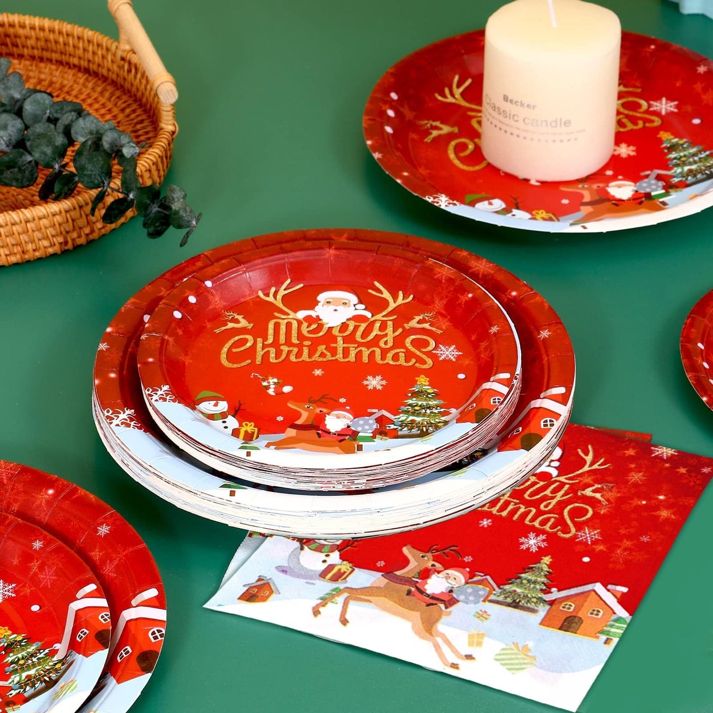 LOOWVY Christmas Paper Plates and Napkins Set, Christmas Plates Cups Napkins Forks Tablewares Party Supplies Serve 24