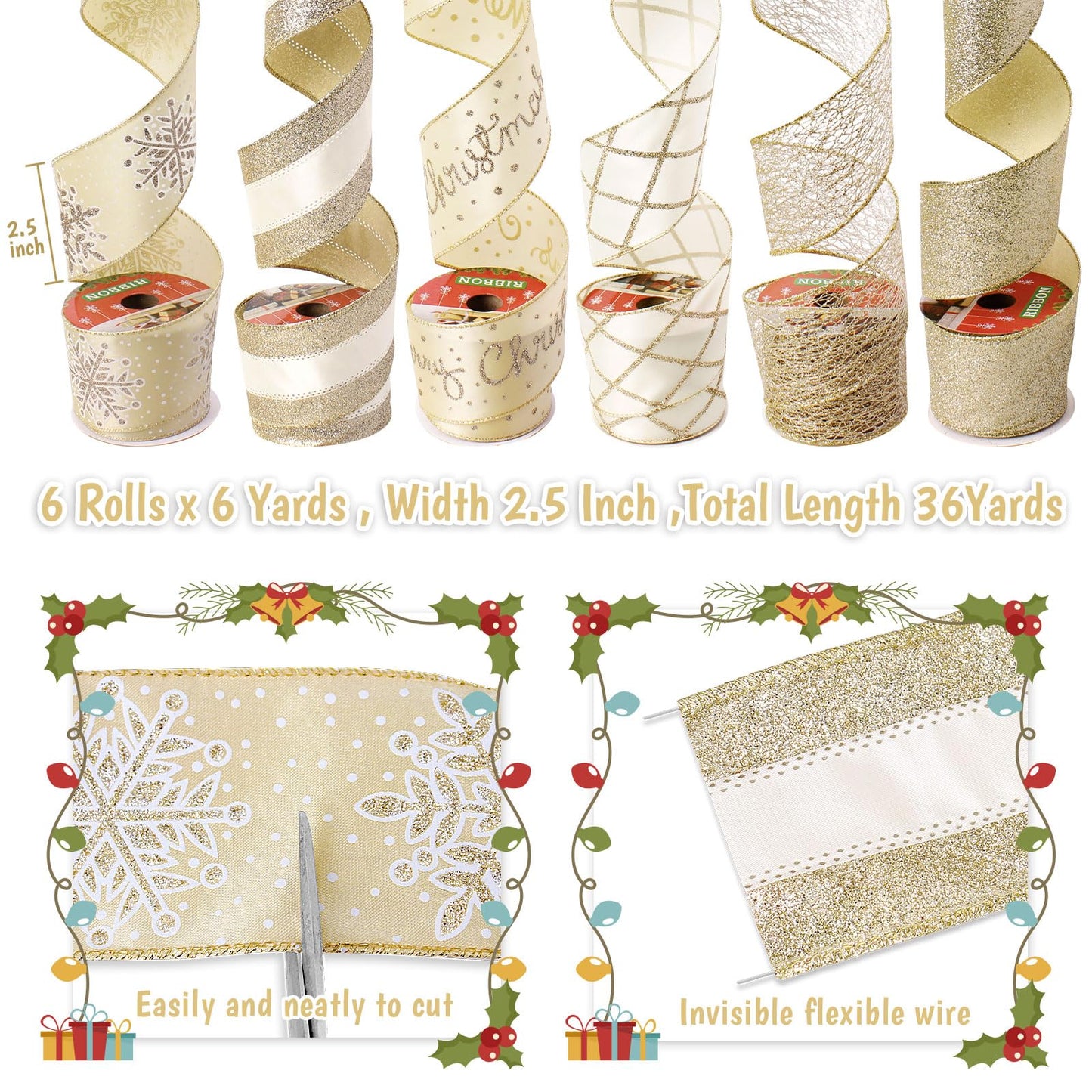 Tsorode Christmas Ribbon Wired 2.5 inch,6 Rolls 36 Yards Champagne Gold Christmas Tree Ribbon,Holiday Wired Ribbons for Tree Topper Bow Wreath Gift Wrapping Xmas Decorations (Champagne Gold)