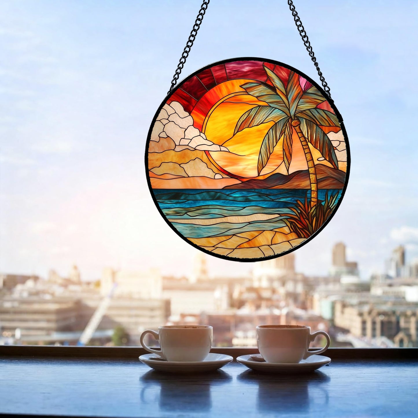 CHATYOUNG Stained Glass Window Hanging Sunrise Over A Blue Ocean Landscape 7.8" - Suncatcher Door Garden Home Decor Birthday Christmas for Men Woman Mom Nana Grandma Girl Dad