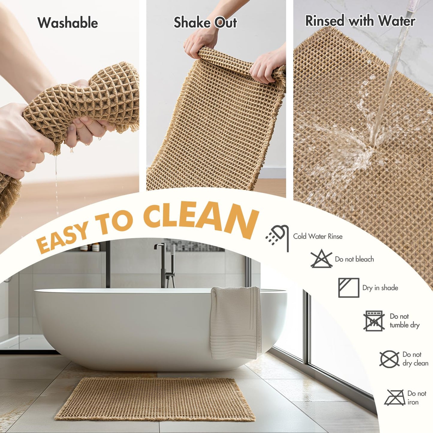MIULEE Set of 2 Waffle Bathroom Rugs, Boho Bath Rugs Non Slip Washable, Super Absorbent Bath Mats, Ultra Soft Rubber Backed Shower Mats for Bathroom Floor, Tub and Shower, Brown, 18x30 Inch