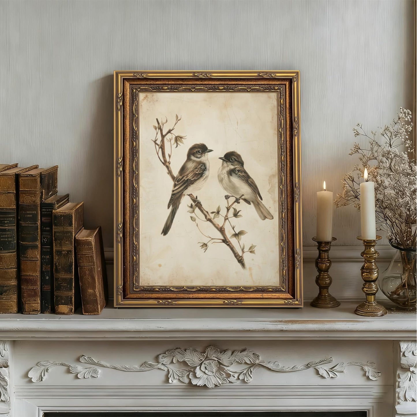 yunjulp Vintage Gold Framed Bird Wall Art, Birds in Love on a Branch Canvas Prints,Minimalist Antique Neutral Sketch Painting Picture Rustic Farmhouse Wall Decor for Bathroom Bedroom 9" x 11"