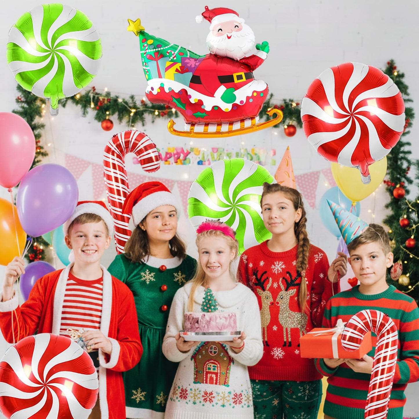 Biapian Christmas Balloons Decorations, Large Santa Claus Balloons Foil Red Green Windmill Candy Cane Balloon Helium for s Christmas Baby Shower Holiday Xmas New Year Birthday Party Decorations