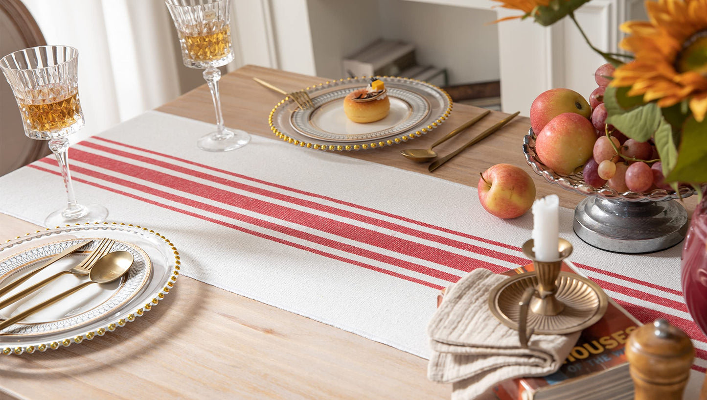 Christmas Table Runner 13 x 72 Inch for Dining Table, Boho Christmas Decorations, Coffee Table Runner with Handcrafted Tassels, red and Beige Stripe Table Runner for Holiday, Winter