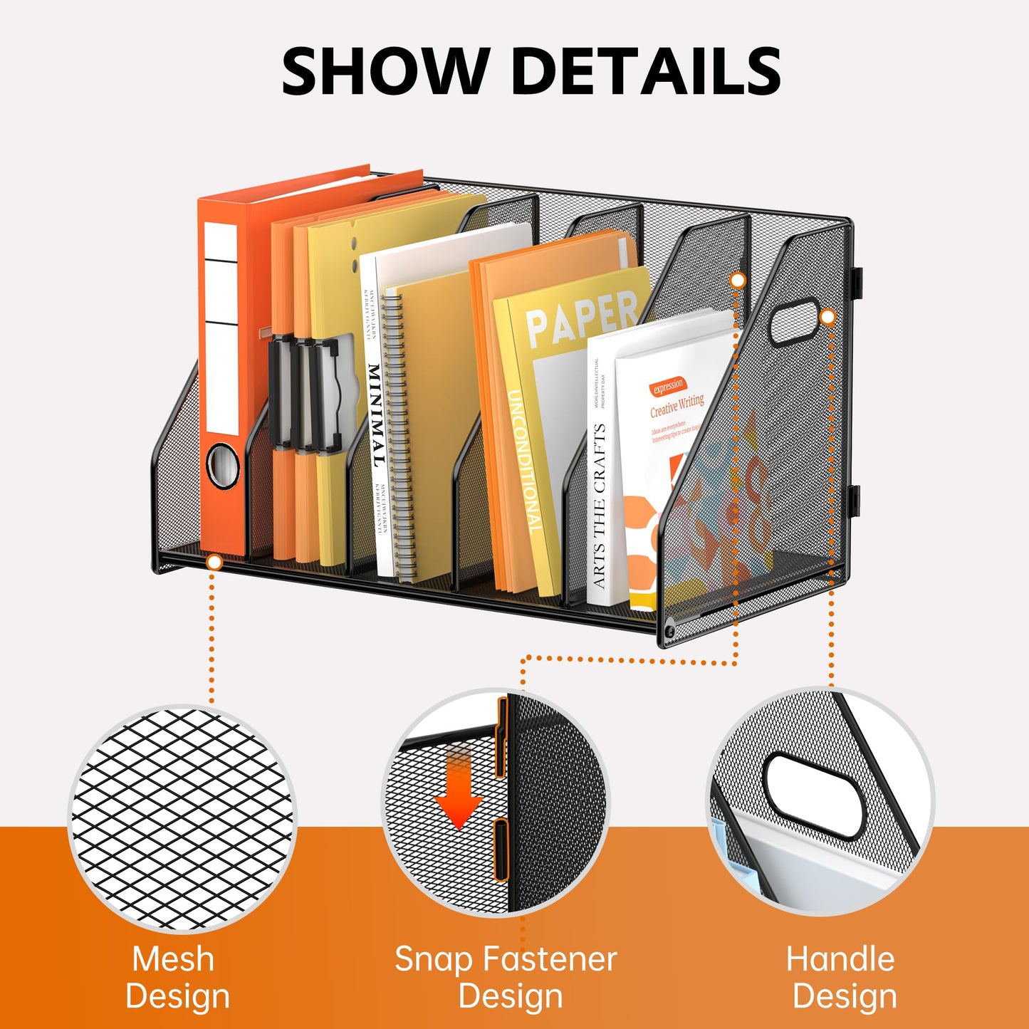 SUPEASY Binder Organizer, Magazine File Holder with 5 Vertical Compartments Rack, Metal Desk File Organizer & Binder Holders, Magazine Organizers for Office Desktop, Home, School, Classroom (Black)