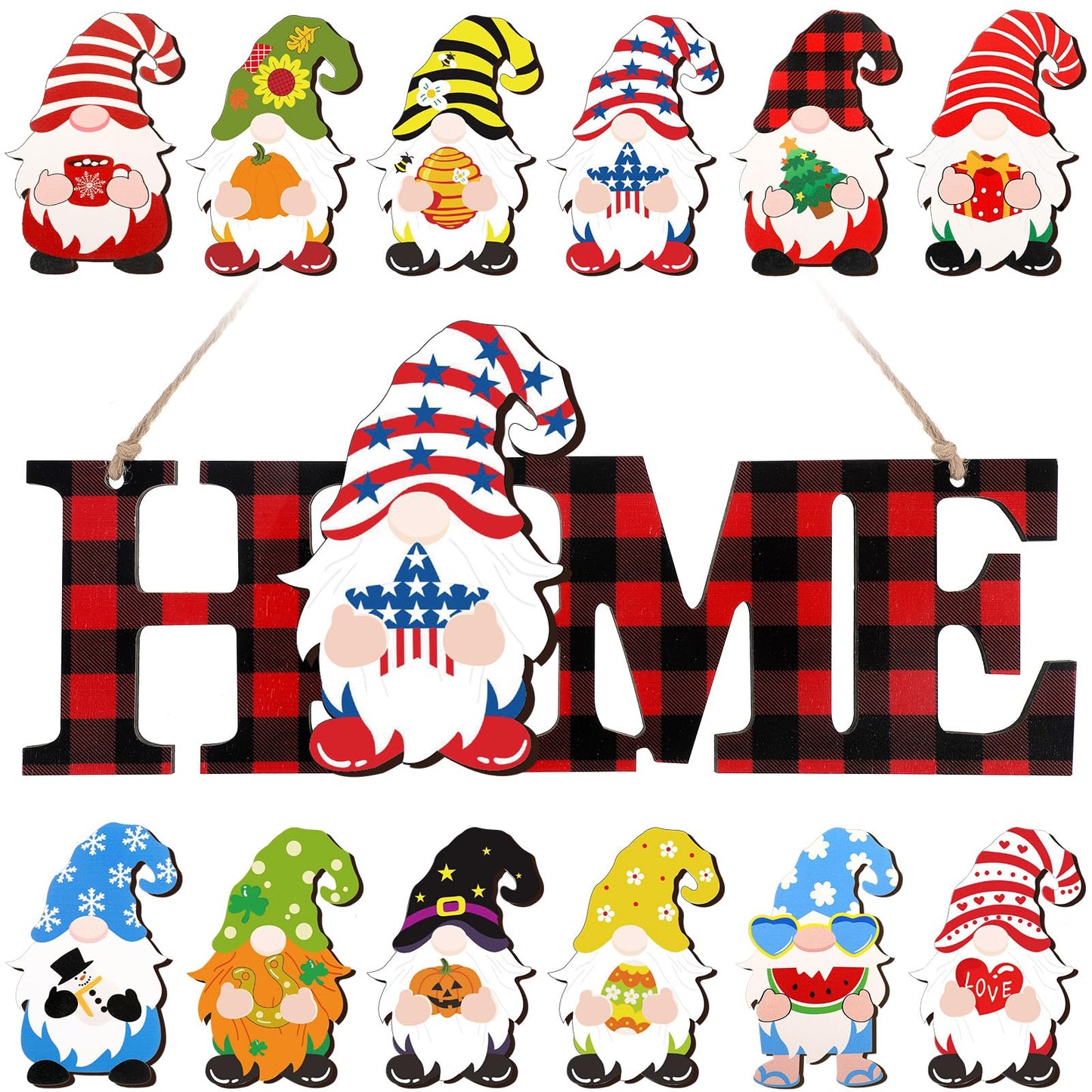 Purpeak 13 Pcs Interchangeable Gnome Home Sign Wooden 3D Christmas Winter Seasonal Door Decor Farmhouse Rustic Home Decoration for Holiday Wall Decor Gift(Red, Black)