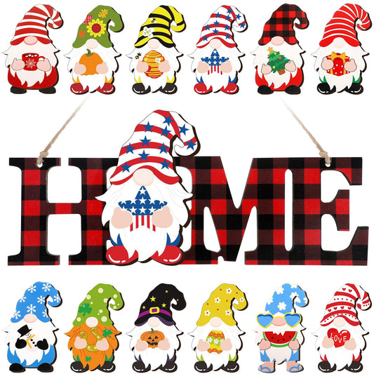 Purpeak 13 Pcs Interchangeable Gnome Home Sign Wooden 3D Christmas Winter Seasonal Door Decor Farmhouse Rustic Home Decoration for Holiday Wall Decor Gift(Red, Black)