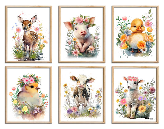 LNLAGBO Baby Watercolor Farm Animals Nursery Wall Art Prints,Cute Baby Animal Nursery Farm Wall Art, Animals Themed Posters for Farmhouse Kids Room Decor,Set of 6(8"X10"Unframed)