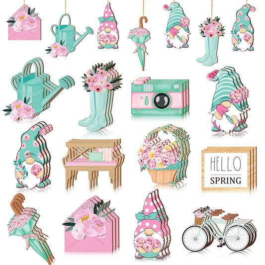 Maitys 36 Pcs Spring Flower Wooden Ornaments Sunflower Tulip Easter Tree Decoration Floral Gnome Hanging Wood Cutout Pastel Spring Decor for Home Small Tree Party(Dreamy)